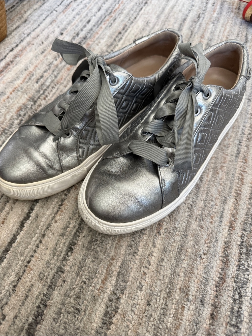Tory Burch Metallic Silver Quilted Logo Sneakers